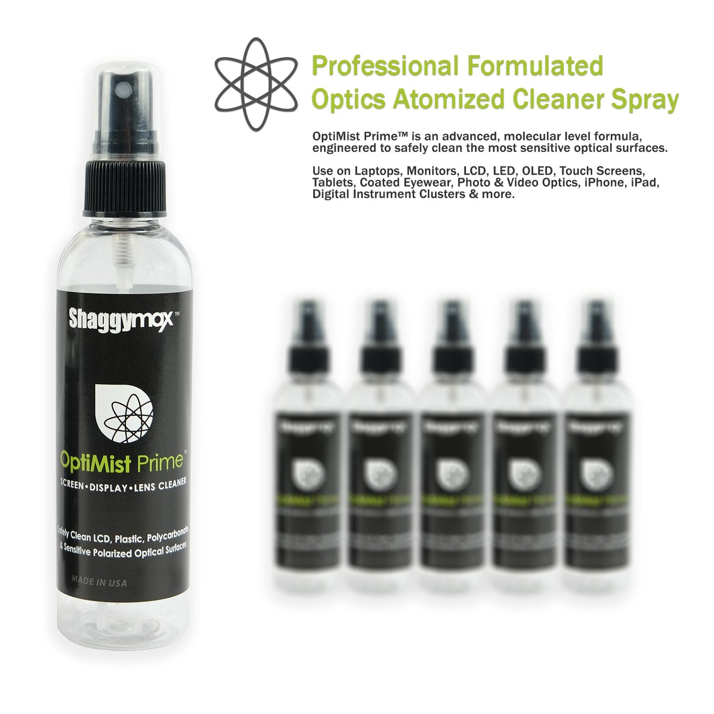 Shaggymax OptiMist Prime atomized cleaner spray bottle with packaging on a white background